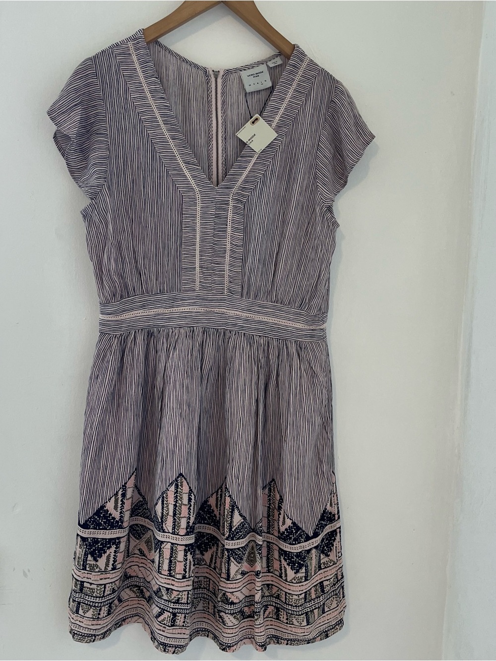 Vero Moda Cream and Black Striped V-Neck Embroidered Waist Dress